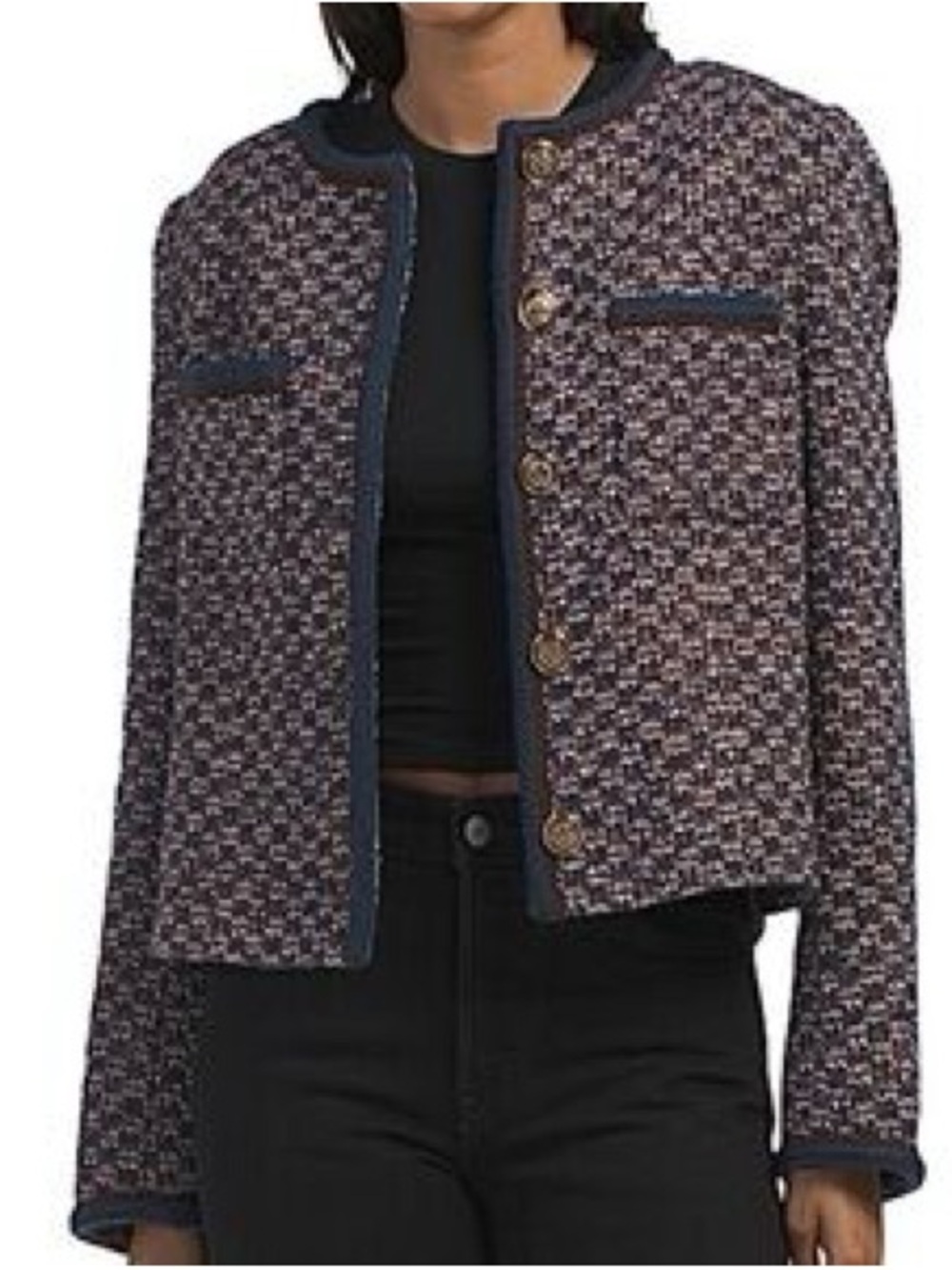 Elie Tahari Navy Mix Tweed Cropped Blazer